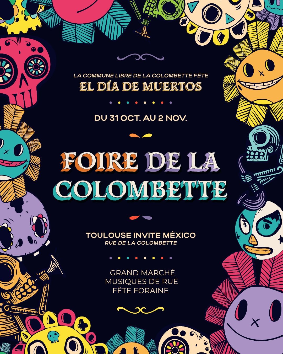 J-𝟴, 𝗙𝗼𝗶𝗿𝗲 𝗱𝗲 𝗹𝗮 𝗰𝗼𝗹𝗼𝗺𝗯𝗲𝘁𝘁𝗲 🌵 (31 𝑜𝑐𝑡 - 2 𝑛𝑜𝑣)
Comme tous les ans, et pendant 3 jours, c'est la fête dans la rue de la Colombette ! Cette année, le quartier se pare d'airs mexicains avec le thème de cette nouvelle édition : "El día de muertos".

Pour l'occasion, nous aurons un stand avec des bières à emporter et à consommer sur place ! On aura peut-être aussi quelques cadeaux à gagner à la roue, qui sait ?

Le programme va être chargée et l'ambiance folle :
🍻Marché mêlant artisans et commerçants locaux
🎉Animations mexicaines (maquillage, fabrication de tapis, création de masques...)
🎶Concerts, bals, déambulations, performances, orchestres, fanfares...

On se voit là-bas !

#weitam #weitambrasserie #brasserieweitam #microbrasserieweitam #microbrasserietoulouse #microbrasseriecugnaux #foiredelacolombette #marché #sundayvibes #marchédetoulouse  #produitsartisanaux #craftbeer #bièreartisanale #bièreartisanalecugnaux #biereartisanaletoulouse #marchélocal